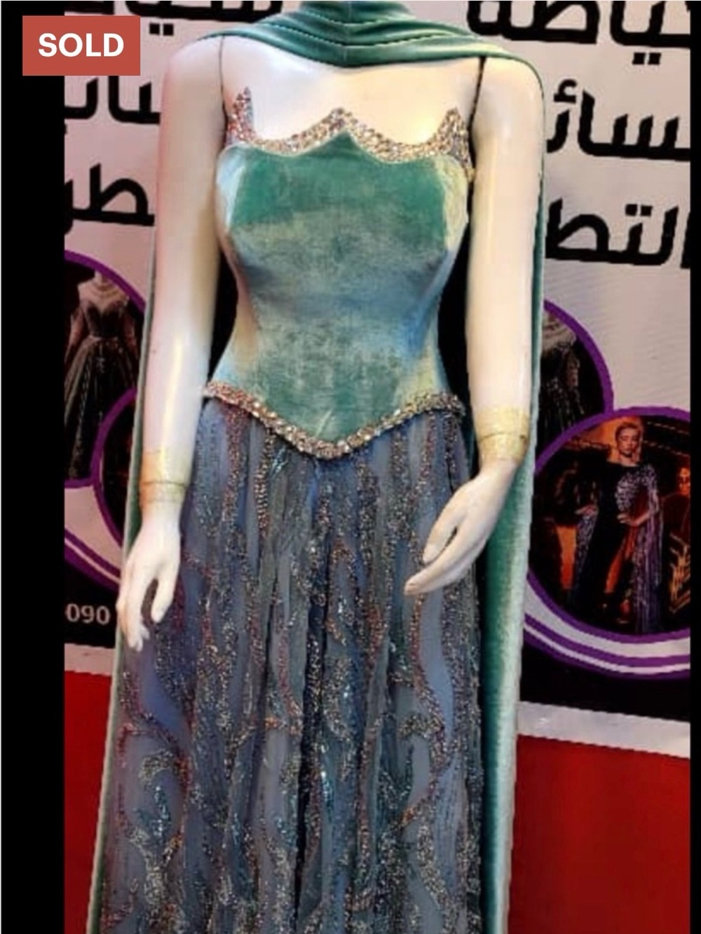 Strapless Embellished Evening Gown in Steel Blue